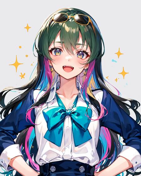53674-3452445994-rainbow hair, 1girl, naganami (kancolle), solo, long hair, black hair, hands on hips, smile, open mouth, bow, fang, dress, spark.png